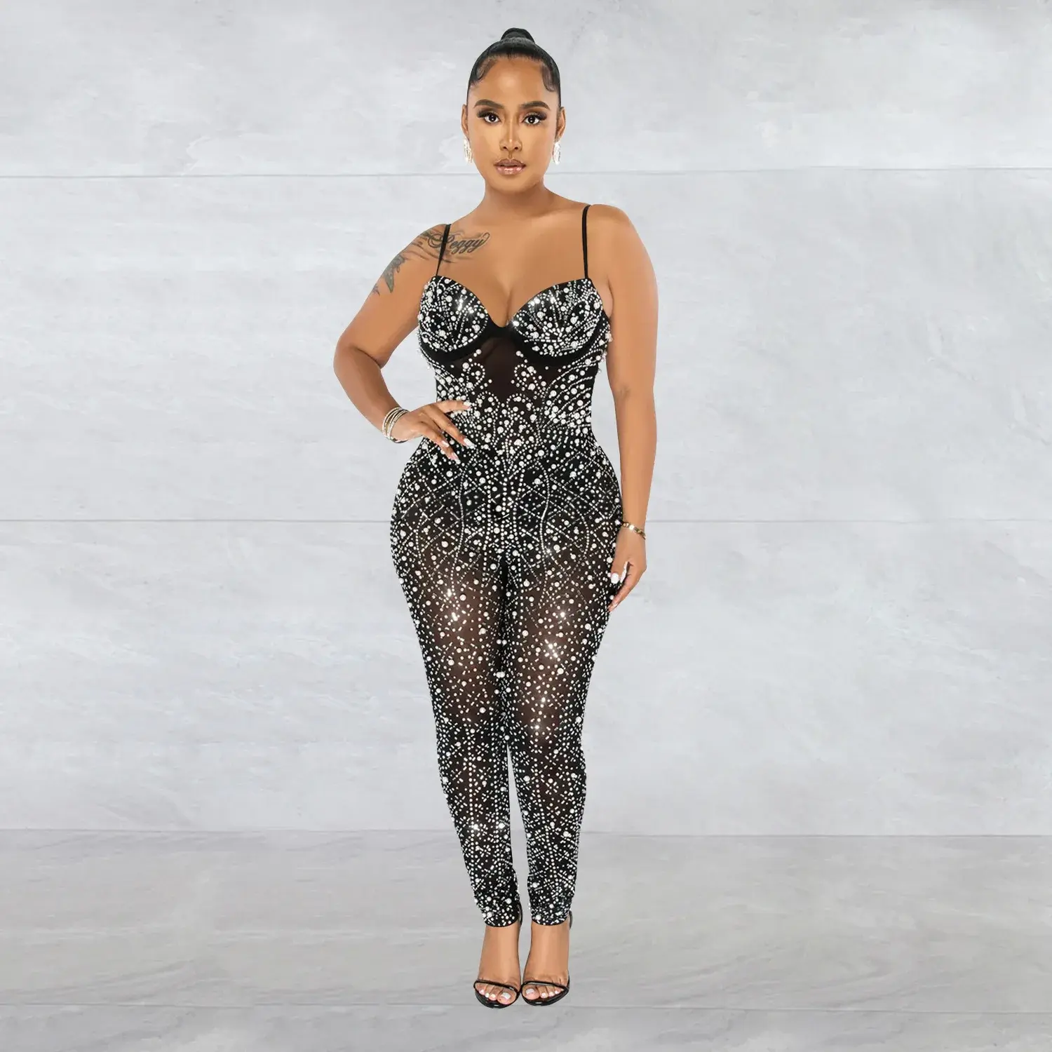 Jumpsuits Women Overalls Seauin Party High Waist Mesh Rhinestone Sleeveless Strapless Y2k Streetwear Trousers One Piece Party
