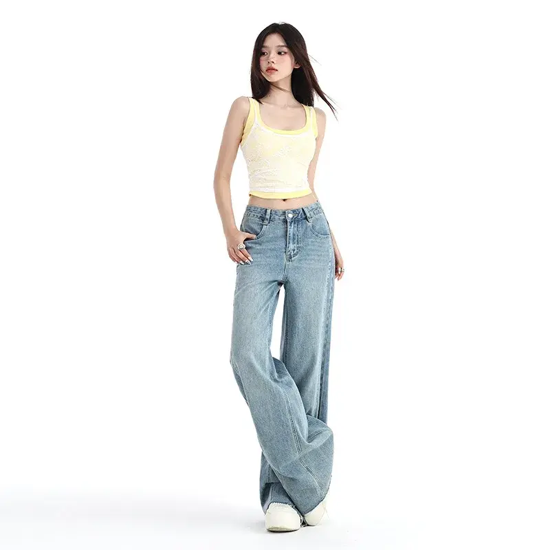 Straight Jeans Women Wide Leg Pants Trousers Vintage High Waist Washed Y2k Mom Pockets 2025 Streetwear Denim Floor Length