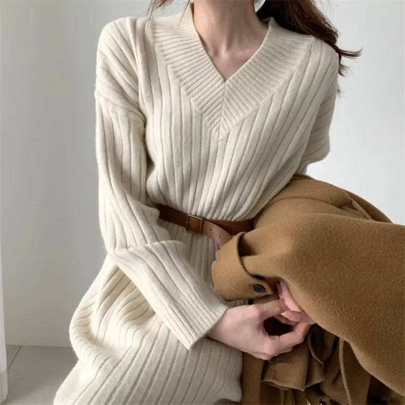 Autumn Winter V Neck Knit Warm Solid Color Dress Women Straight Vestidos Slim Long Sleeve Knitted Sweater Dresses Elegant