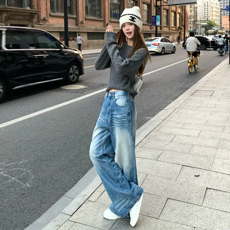 Women Casual Retro Mom Jeans Crease Color Block High Waist Trousers Button Zipper Straight Pant Blue Loose Summer Y2k Streetwear
