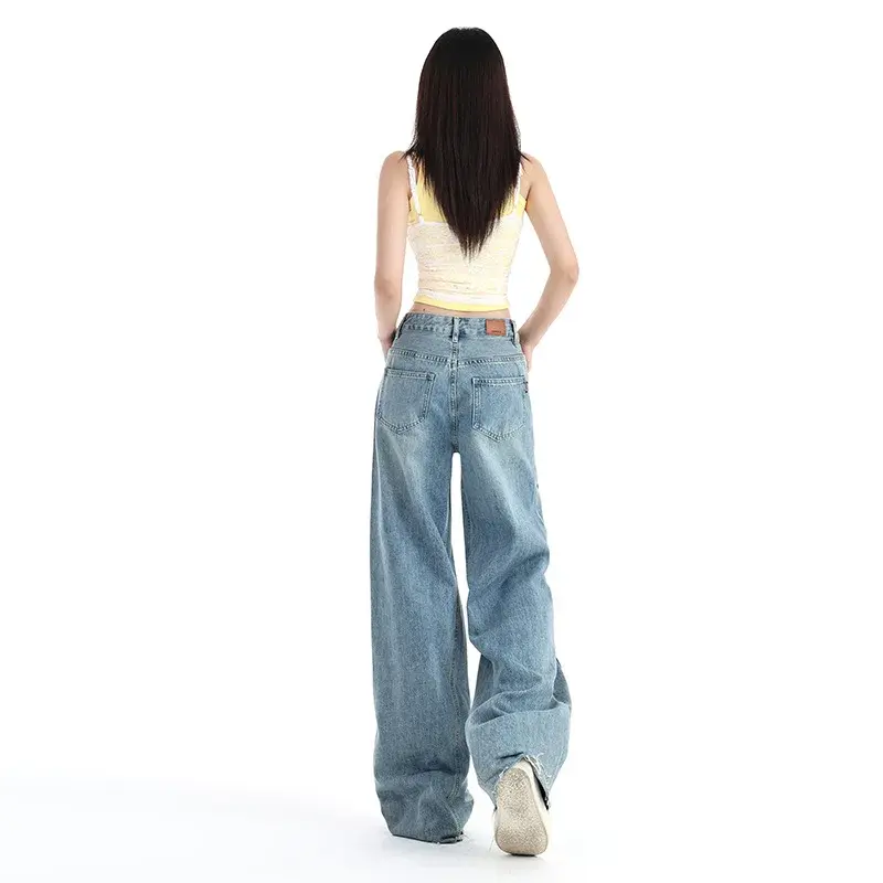 Straight Jeans Women Wide Leg Pants Trousers Vintage High Waist Washed Y2k Mom Pockets 2025 Streetwear Denim Floor Length