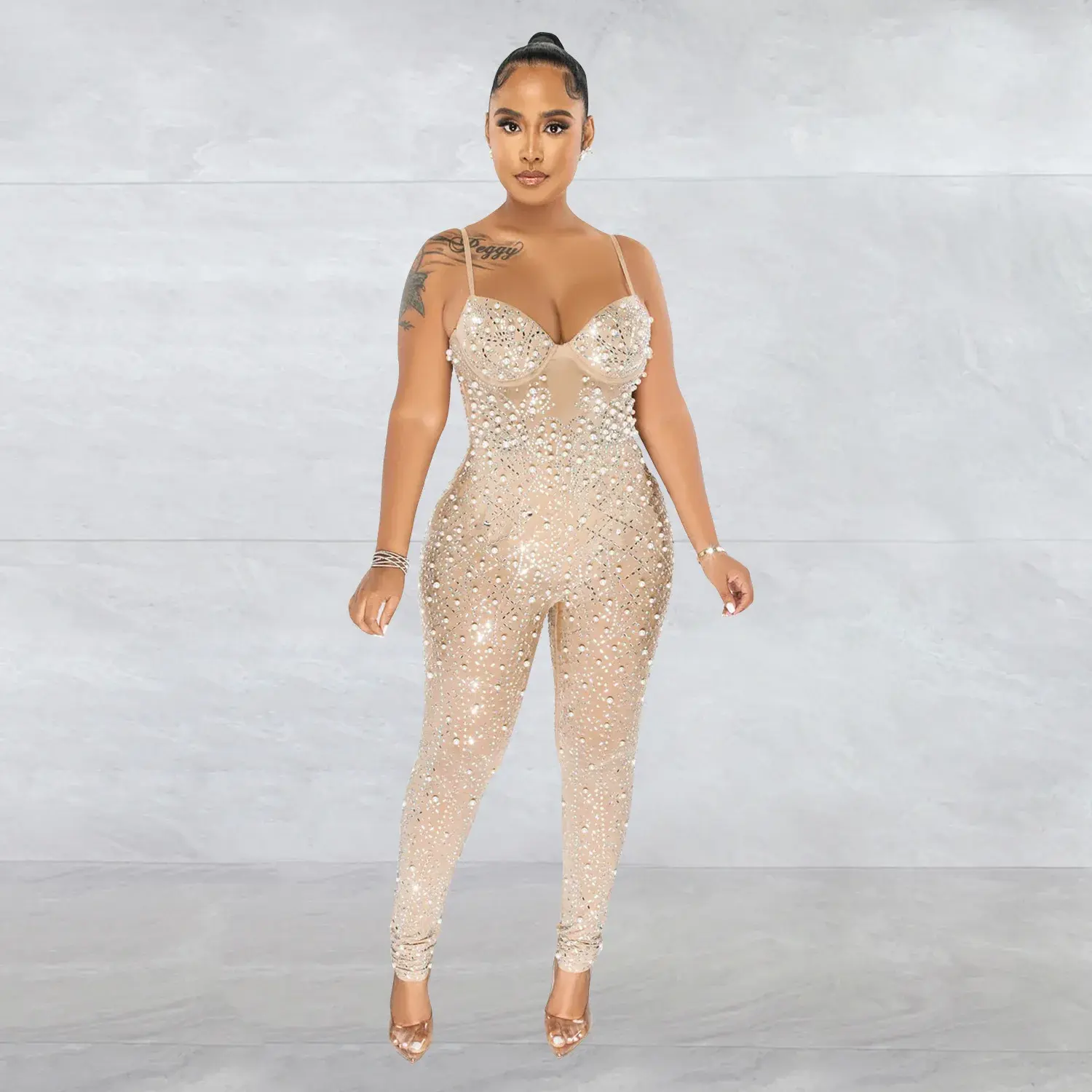 Jumpsuits Women Overalls Seauin Party High Waist Mesh Rhinestone Sleeveless Strapless Y2k Streetwear Trousers One Piece Party