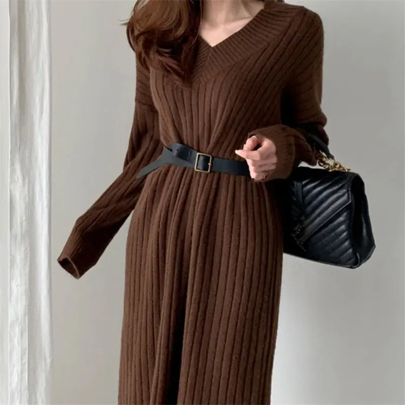 Autumn Winter V Neck Knit Warm Solid Color Dress Women Straight Vestidos Slim Long Sleeve Knitted Sweater Dresses Elegant