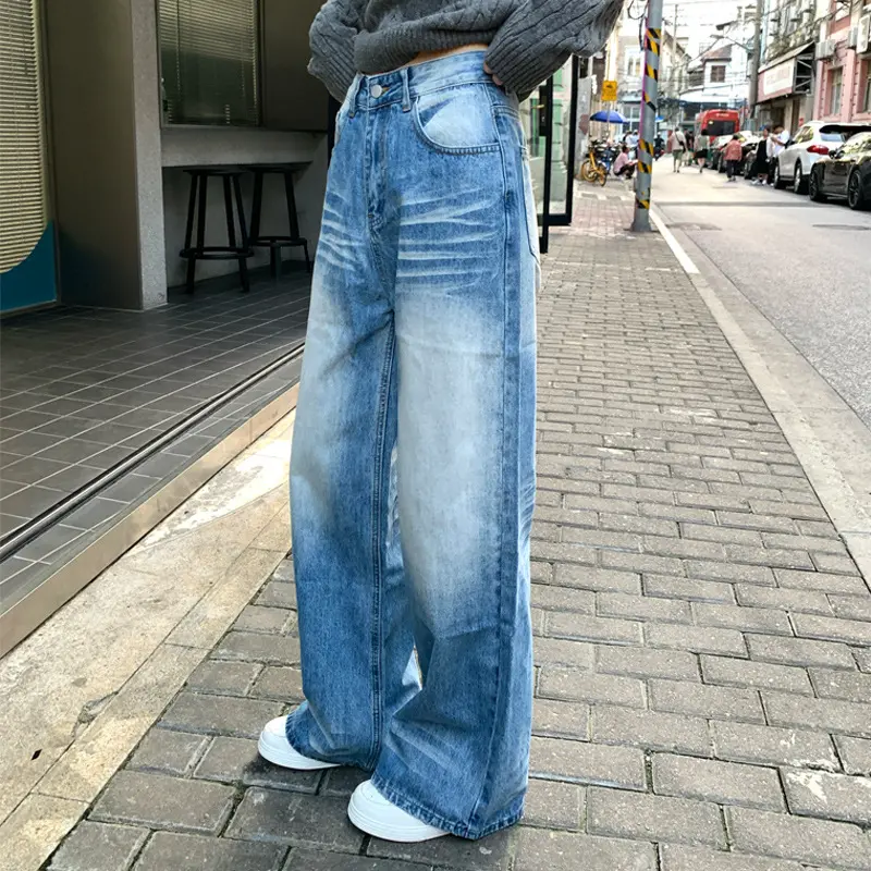 Women Casual Retro Mom Jeans Crease Color Block High Waist Trousers Button Zipper Straight Pant Blue Loose Summer Y2k Streetwear