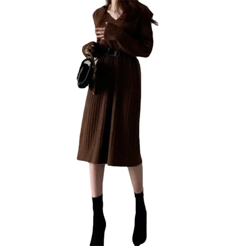 Autumn Winter V Neck Knit Warm Solid Color Dress Women Straight Vestidos Slim Long Sleeve Knitted Sweater Dresses Elegant