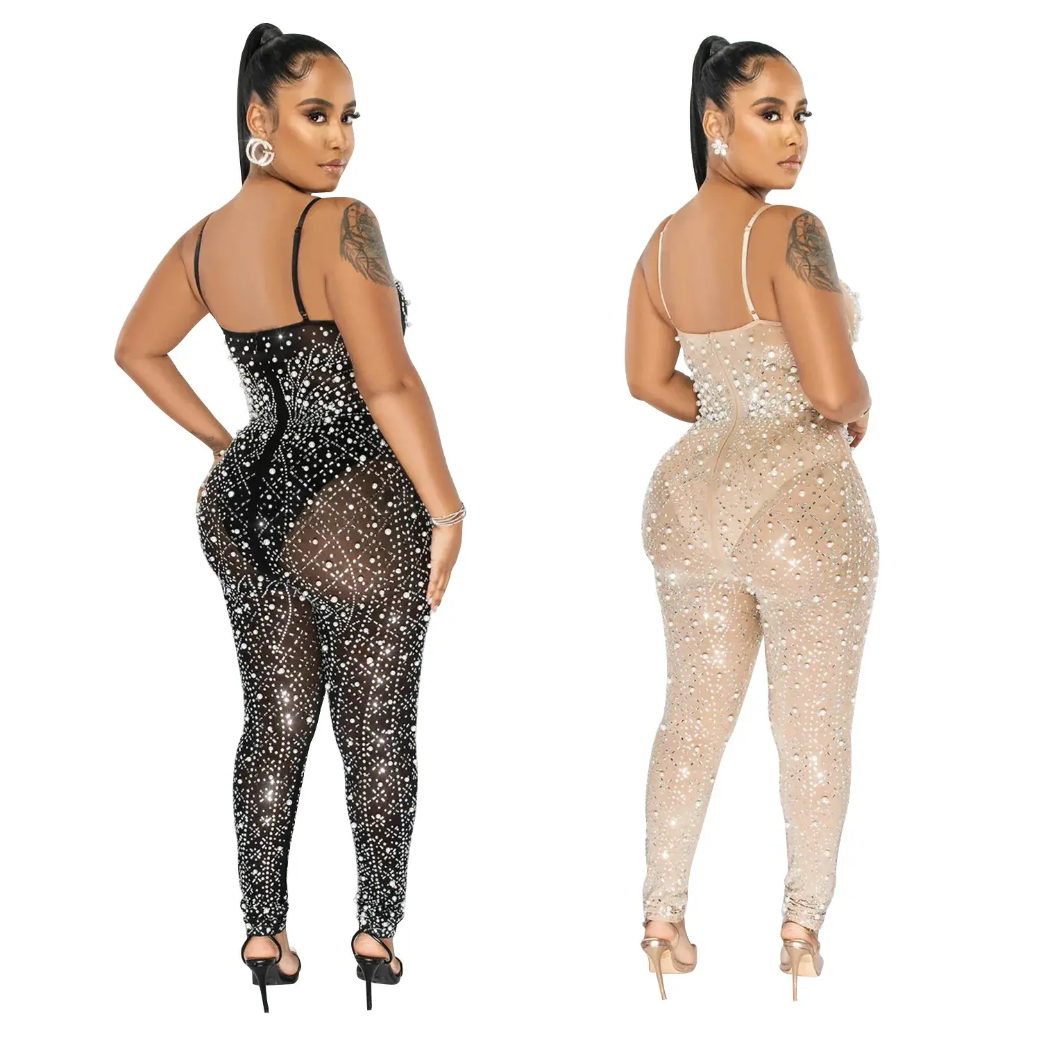 Jumpsuits Women Overalls Seauin Party High Waist Mesh Rhinestone Sleeveless Strapless Y2k Streetwear Trousers One Piece Party