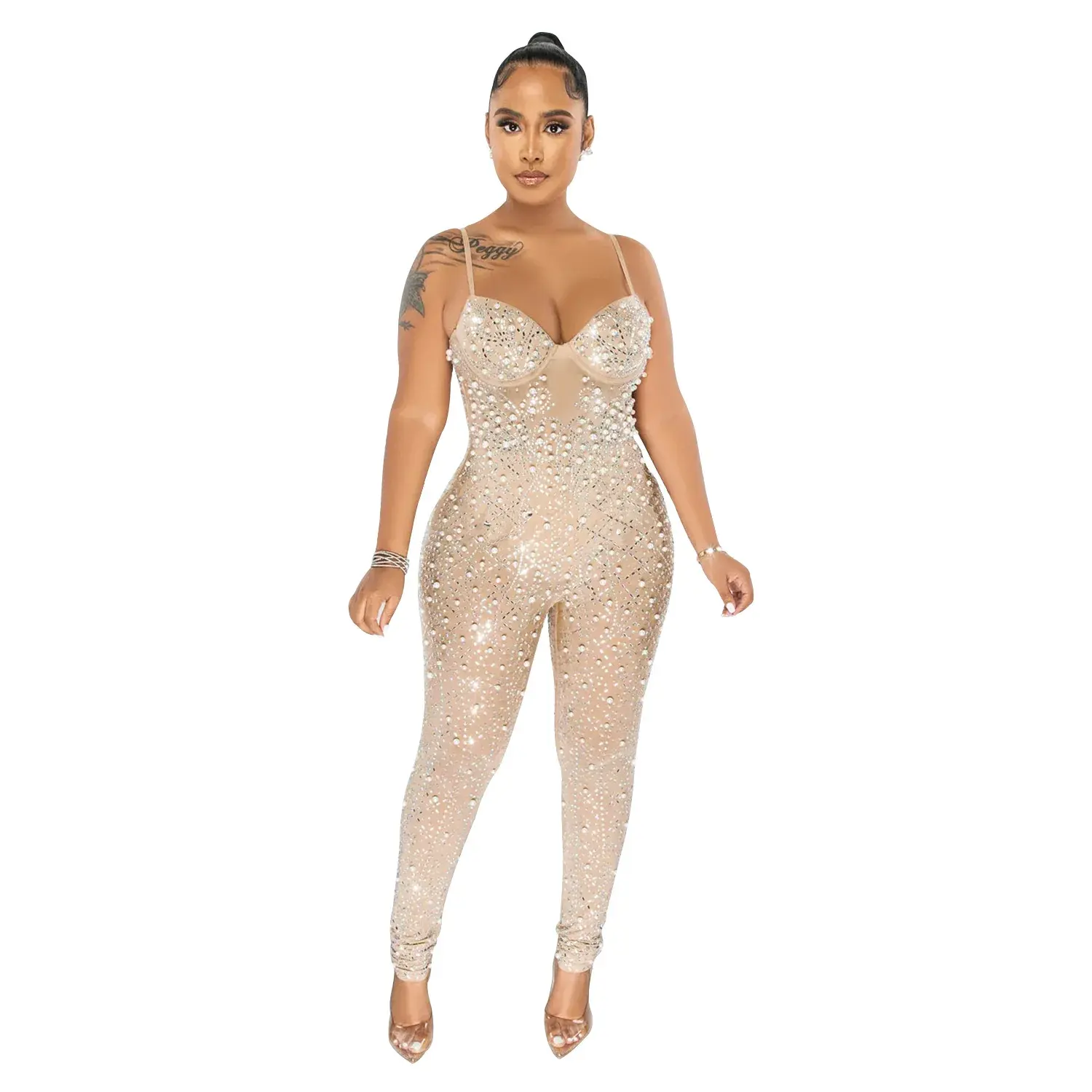 Jumpsuits Women Overalls Seauin Party High Waist Mesh Rhinestone Sleeveless Strapless Y2k Streetwear Trousers One Piece Party