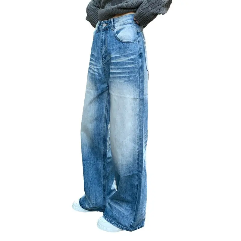 Women Casual Retro Mom Jeans Crease Color Block High Waist Trousers Button Zipper Straight Pant Blue Loose Summer Y2k Streetwear