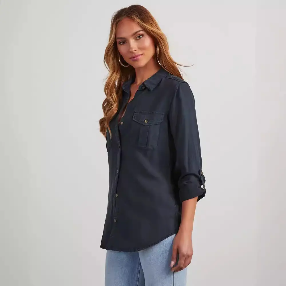 Denim Shirt Women Blouses Shirts Tops Turn Down Collar Mom Jeans Single Breasted Y2k Streetwear Casual Spring Splice 2025