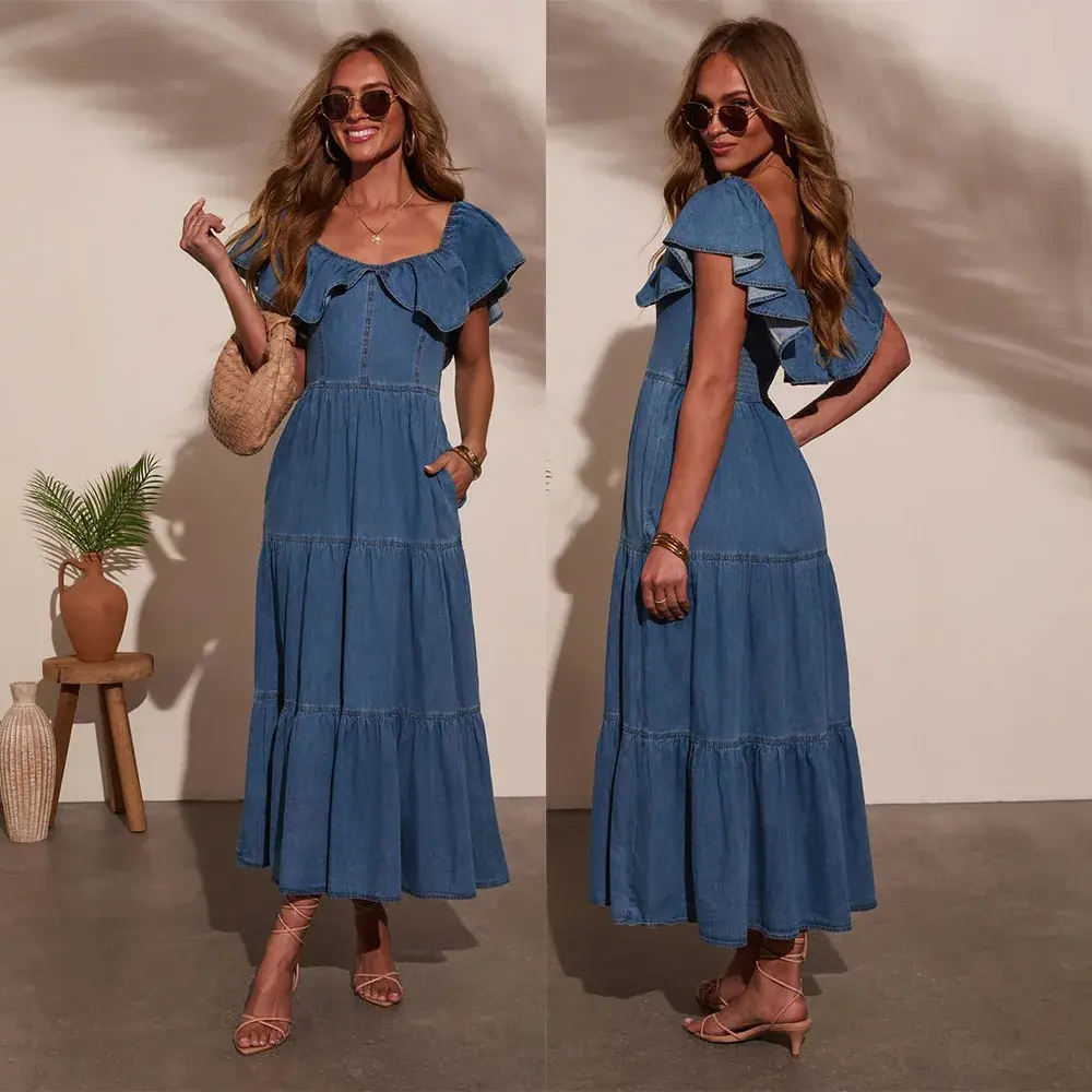 Ruffles Dresses Women Denim Long Dress Flounced Edge Distressed Backless Elastic Waist Vestidos Streetwear 2025 Summer A Line