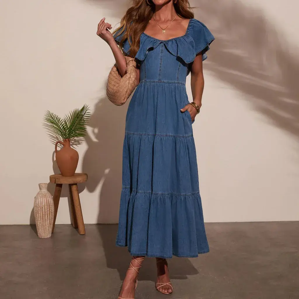Ruffles Dresses Women Denim Long Dress Flounced Edge Distressed Backless Elastic Waist Vestidos Streetwear 2025 Summer A Line