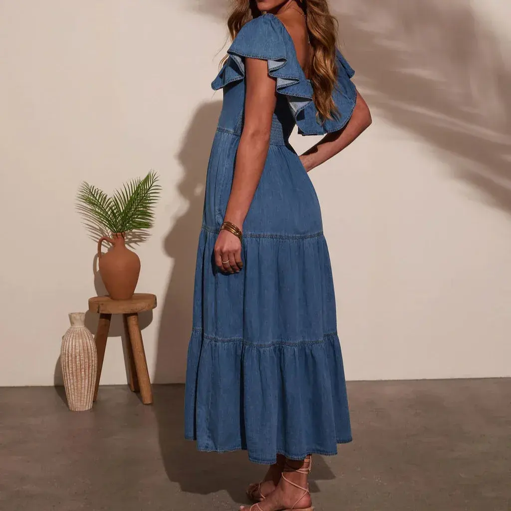 Ruffles Dresses Women Denim Long Dress Flounced Edge Distressed Backless Elastic Waist Vestidos Streetwear 2025 Summer A Line