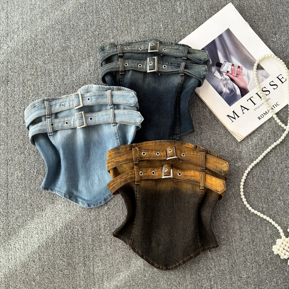 Vintage Denim Tank Top Strapless Sleeveless Gradient Vest Punk Washed Double Buckle Waistcoat 2025 Summer Streetwear Tops