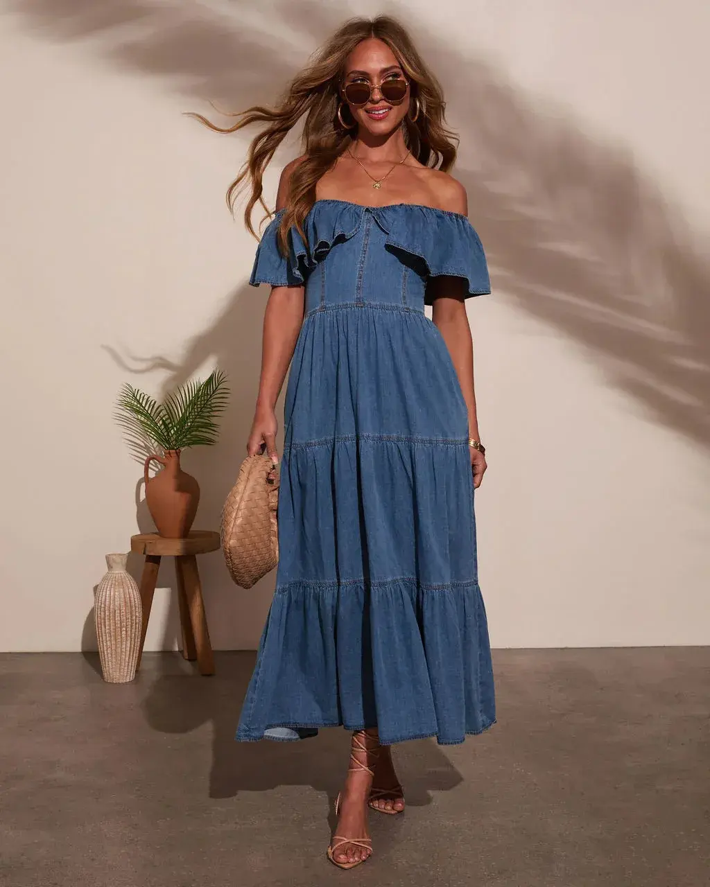 Ruffles Dresses Women Denim Long Dress Flounced Edge Distressed Backless Elastic Waist Vestidos Streetwear 2025 Summer A Line