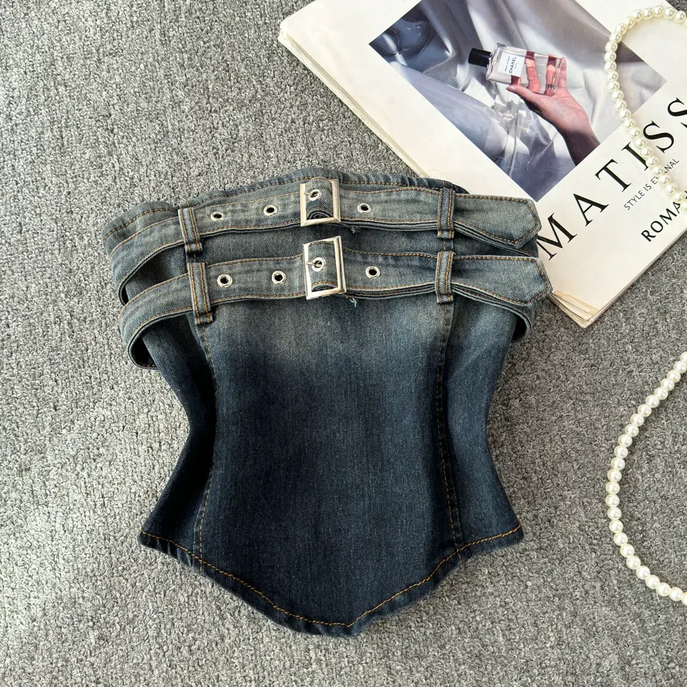 Vintage Denim Tank Top Strapless Sleeveless Gradient Vest Punk Washed Double Buckle Waistcoat 2025 Summer Streetwear Tops