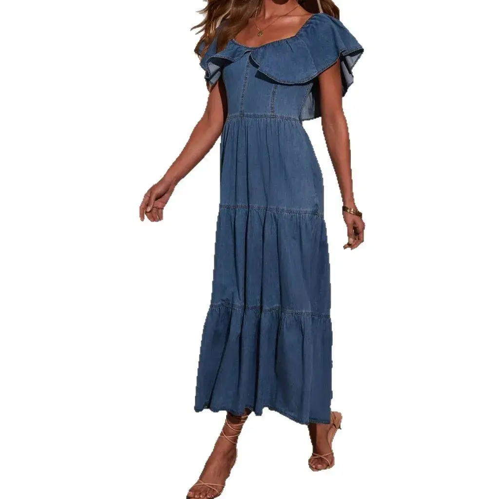 Ruffles Dresses Women Denim Long Dress Flounced Edge Distressed Backless Elastic Waist Vestidos Streetwear 2025 Summer A Line