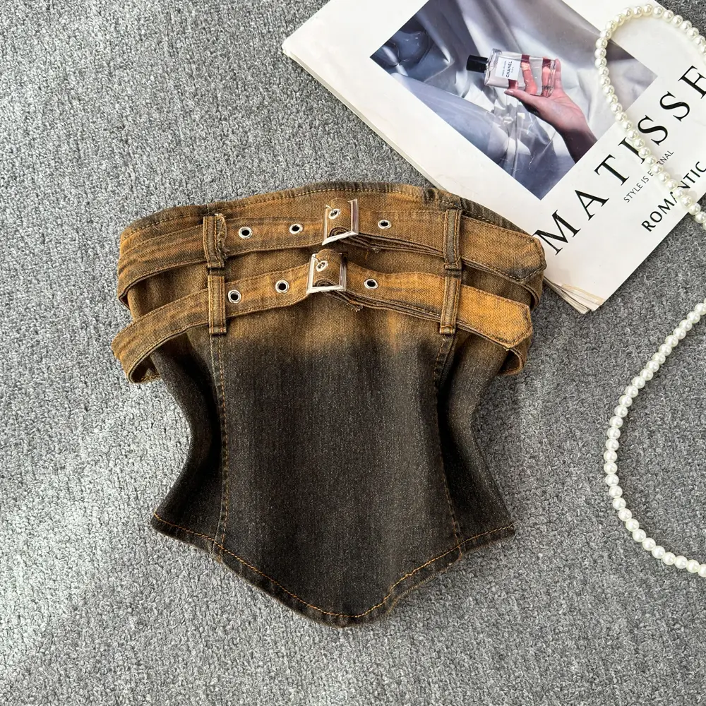 Vintage Denim Tank Top Strapless Sleeveless Gradient Vest Punk Washed Double Buckle Waistcoat 2025 Summer Streetwear Tops