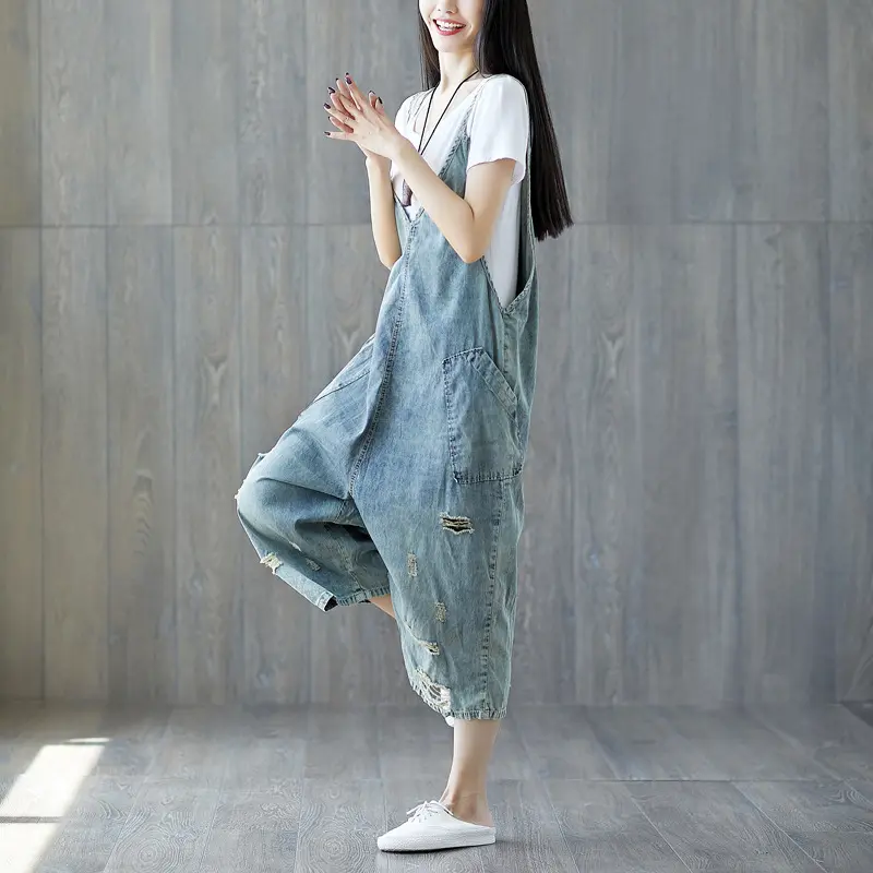 Jumpsuits Women One Piece Suspenders Denim Mom Jeans Overalls V Neck Wide Leg Long Pants High Waist Rompers Y2k Streetwear Work