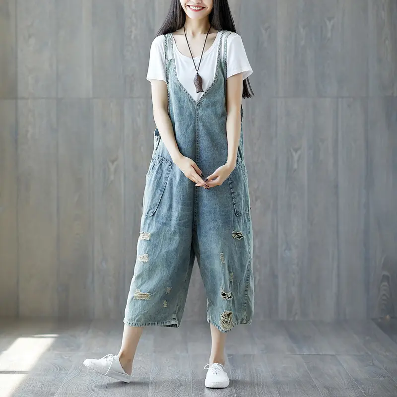 Jumpsuits Women One Piece Suspenders Denim Mom Jeans Overalls V Neck Wide Leg Long Pants High Waist Rompers Y2k Streetwear Work