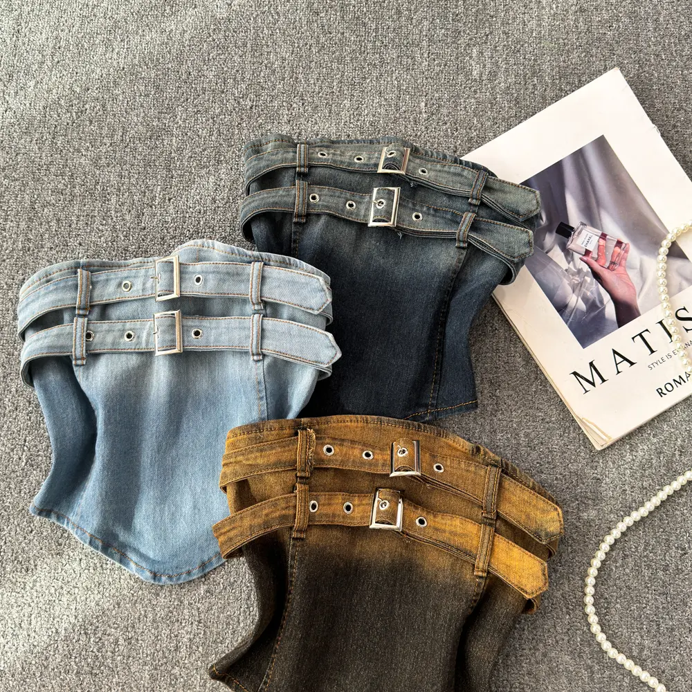 Vintage Denim Tank Top Strapless Sleeveless Gradient Vest Punk Washed Double Buckle Waistcoat 2025 Summer Streetwear Tops