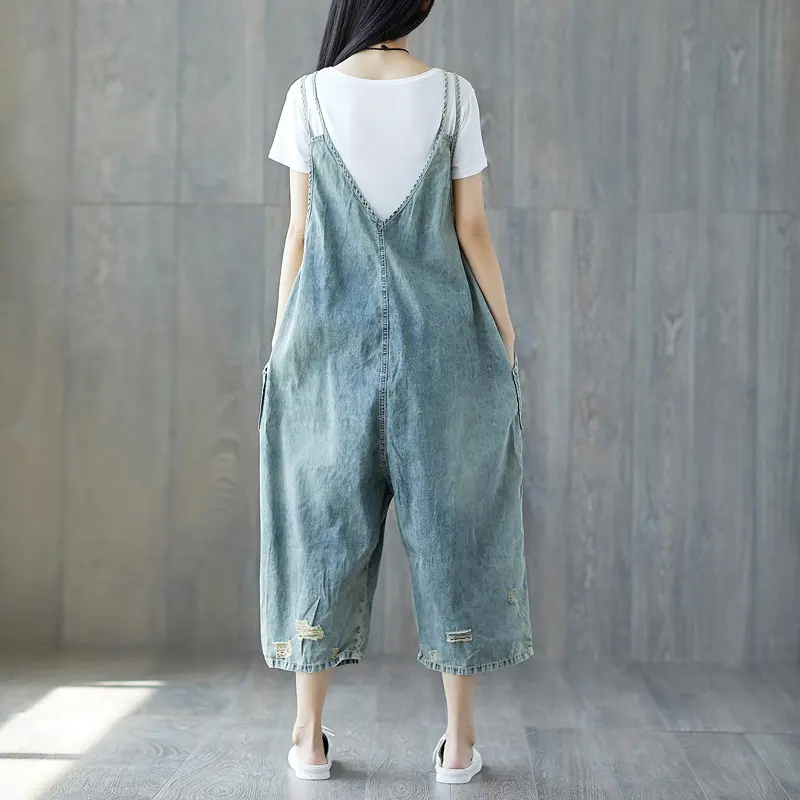 Jumpsuits Women One Piece Suspenders Denim Mom Jeans Overalls V Neck Wide Leg Long Pants High Waist Rompers Y2k Streetwear Work
