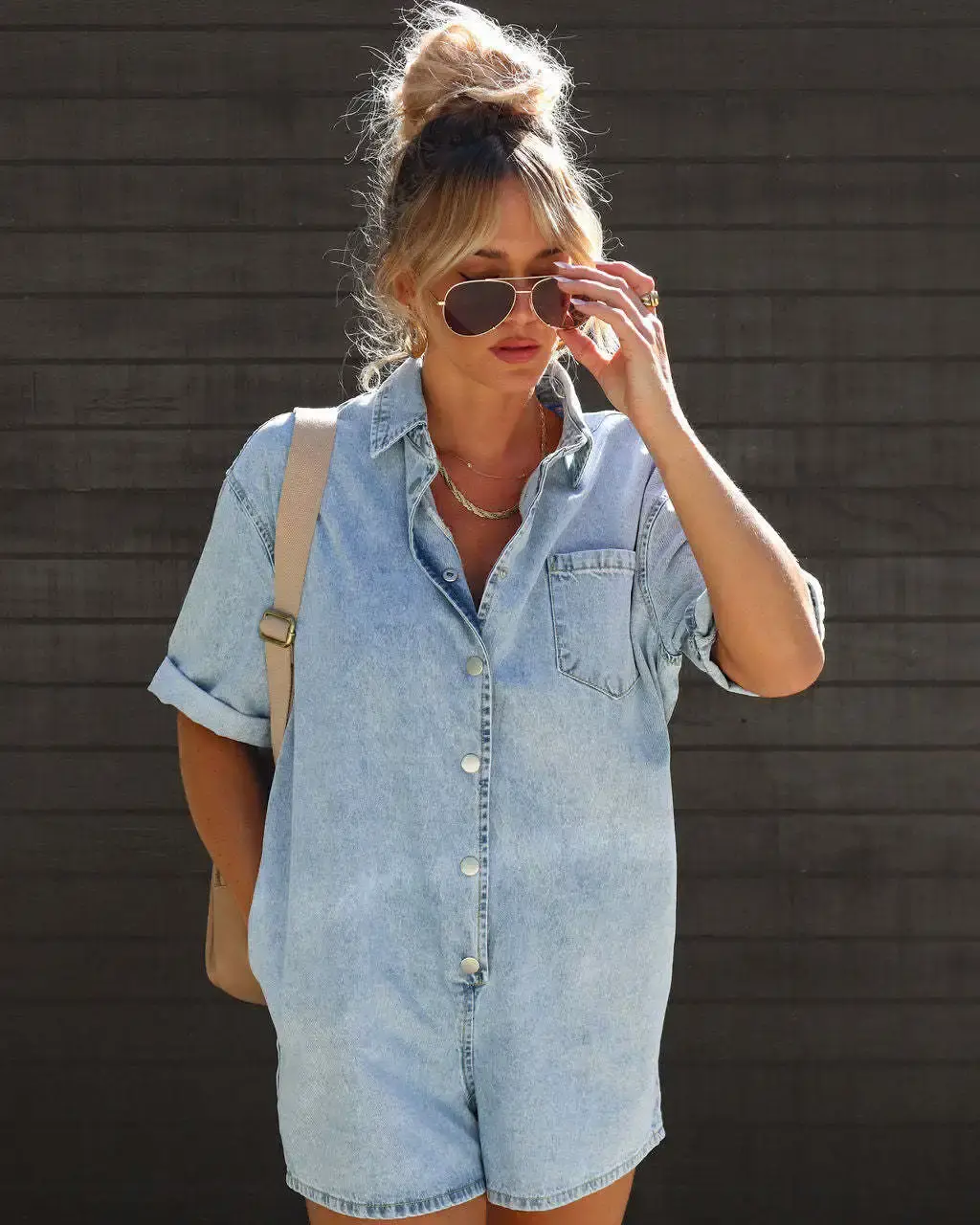 Rompers Women One Piece Jeans Shorts Washed Turn Down Collar Single Breasted Pocket Overalls Short Pants Streetwear Playsuits
