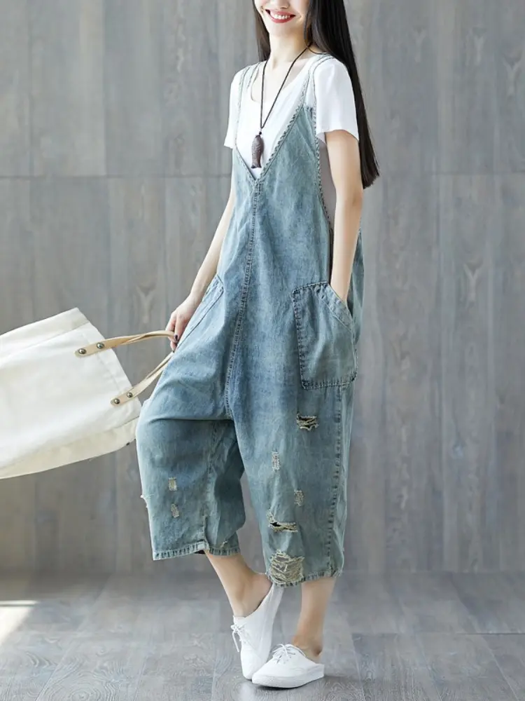Jumpsuits Women One Piece Suspenders Denim Mom Jeans Overalls V Neck Wide Leg Long Pants High Waist Rompers Y2k Streetwear Work