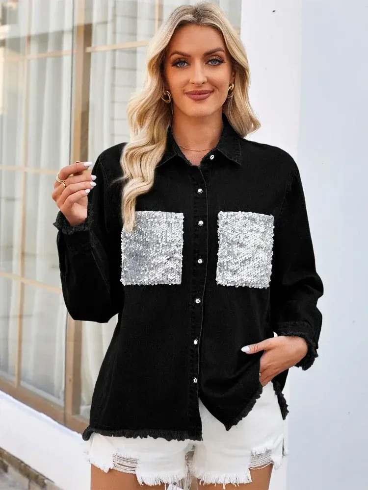 Denim Shirts WomenBlouses Single Breasted Turn Down Collar Sequin Pocket Y2k Streetwear Loose Washing Button Slight Strech 2025