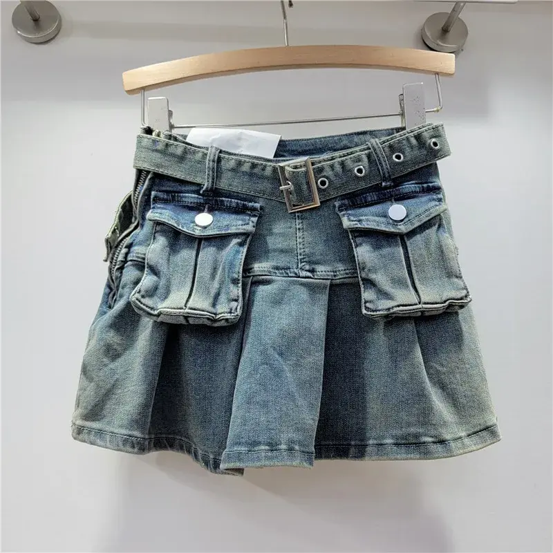 Pleated Skirt Women Denim Skirts Sexy Belt Multiple Pockets High Waist Washed Distressed Summer Above Knee A Line Streetwear