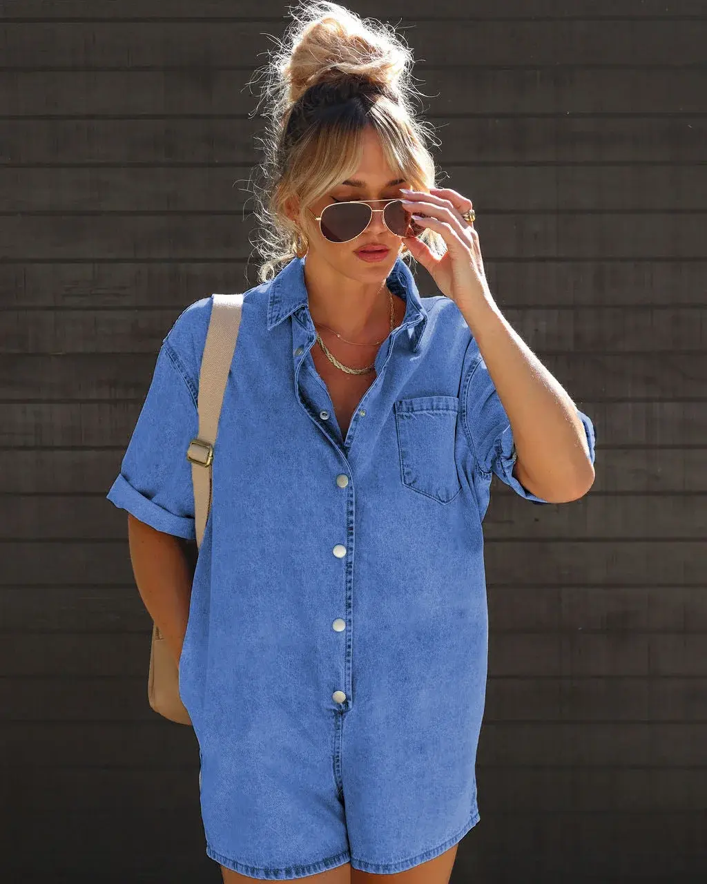Rompers Women One Piece Jeans Shorts Washed Turn Down Collar Single Breasted Pocket Overalls Short Pants Streetwear Playsuits