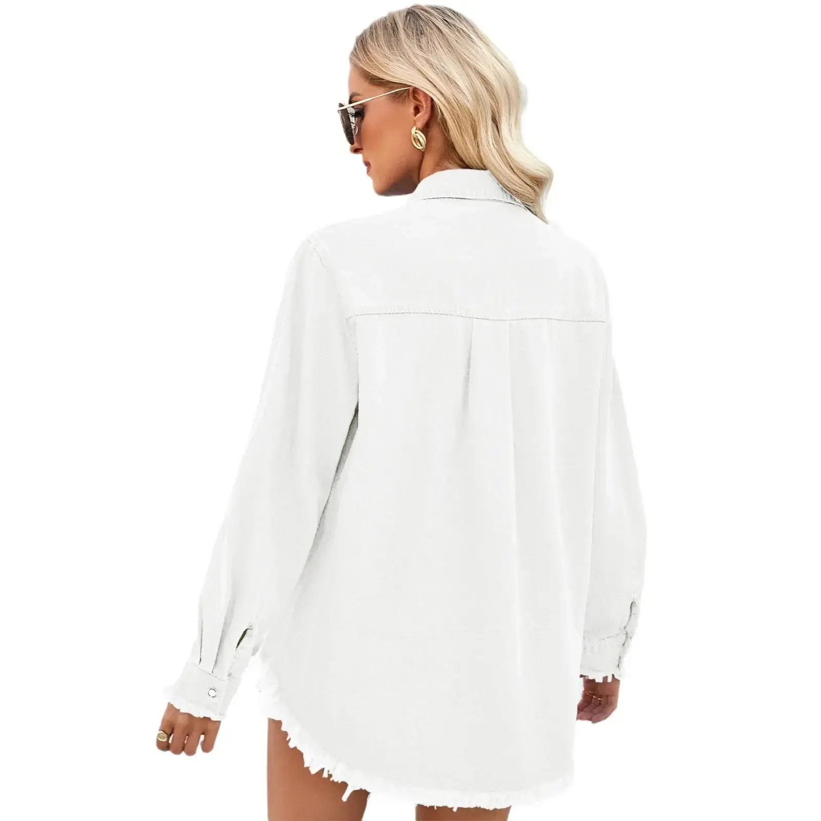 Denim Shirts WomenBlouses Single Breasted Turn Down Collar Sequin Pocket Y2k Streetwear Loose Washing Button Slight Strech 2025