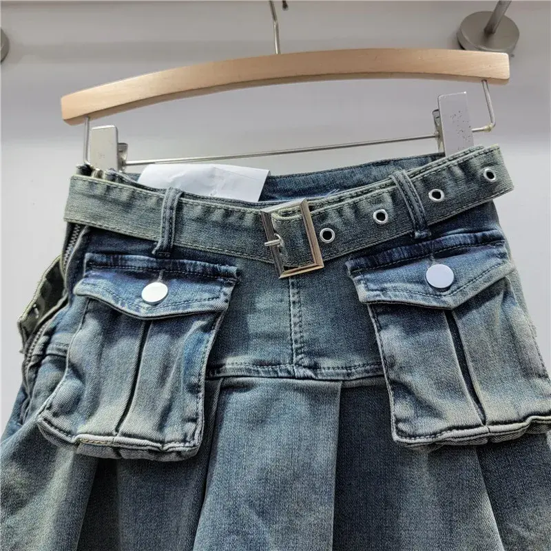 Pleated Skirt Women Denim Skirts Sexy Belt Multiple Pockets High Waist Washed Distressed Summer Above Knee A Line Streetwear