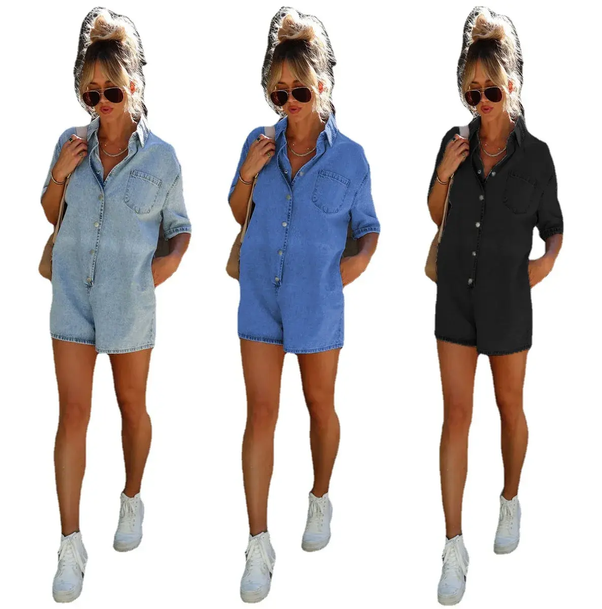 Rompers Women One Piece Jeans Shorts Washed Turn Down Collar Single Breasted Pocket Overalls Short Pants Streetwear Playsuits