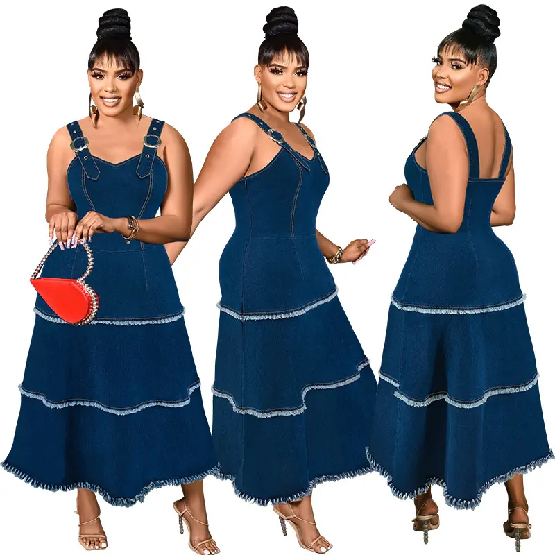 Long Dress Women Denim Dresses Sling A Line Vestidos Streetwear Tassel Sleeveless Elegant Splice Y2k Maxi Party Club Summer 2025