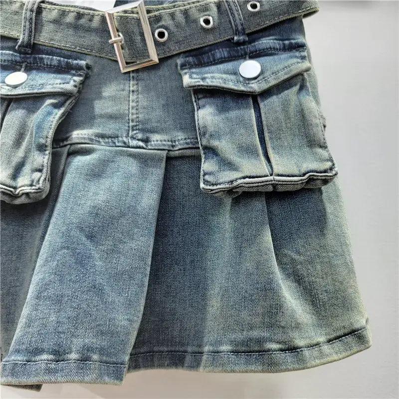 Pleated Skirt Women Denim Skirts Sexy Belt Multiple Pockets High Waist Washed Distressed Summer Above Knee A Line Streetwear