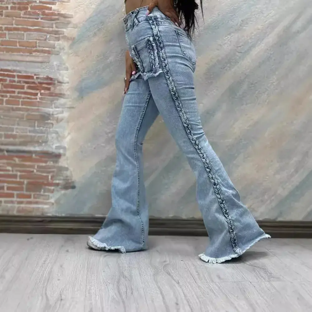 Flare Pants Jeans Women Vintage Denim High Waist Strecth Pockets Mom Jeans Party Club 2025 Trousers Streetwear Floor Length