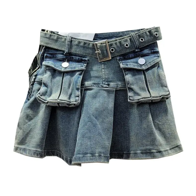 Pleated Skirt Women Denim Skirts Sexy Belt Multiple Pockets High Waist Washed Distressed Summer Above Knee A Line Streetwear