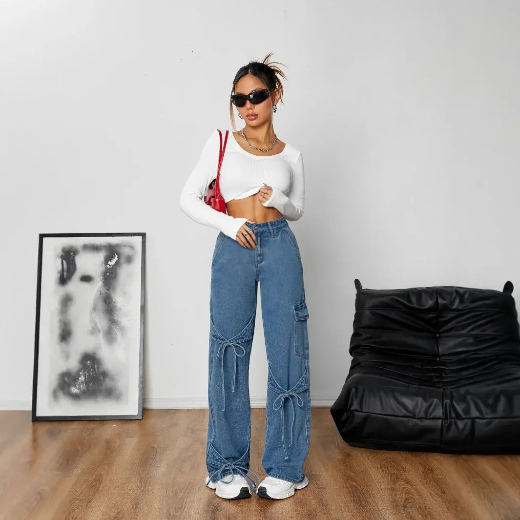 Jeans Women Denim Straight Wide Leg Pants 2025 Streetwear Button Pockets Mom Mid Waist Lace Up Bow Washed Distressed Trousers