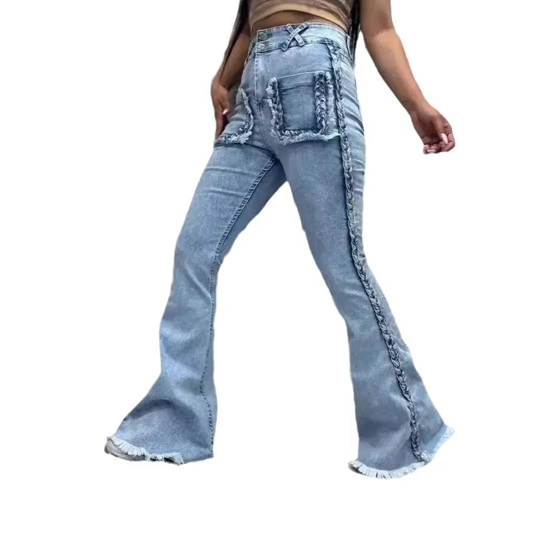 Flare Pants Jeans Women Vintage Denim High Waist Strecth Pockets Mom Jeans Party Club 2025 Trousers Streetwear Floor Length