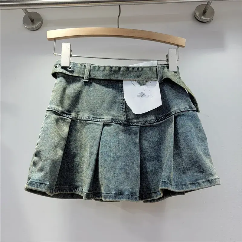 Pleated Skirt Women Denim Skirts Sexy Belt Multiple Pockets High Waist Washed Distressed Summer Above Knee A Line Streetwear