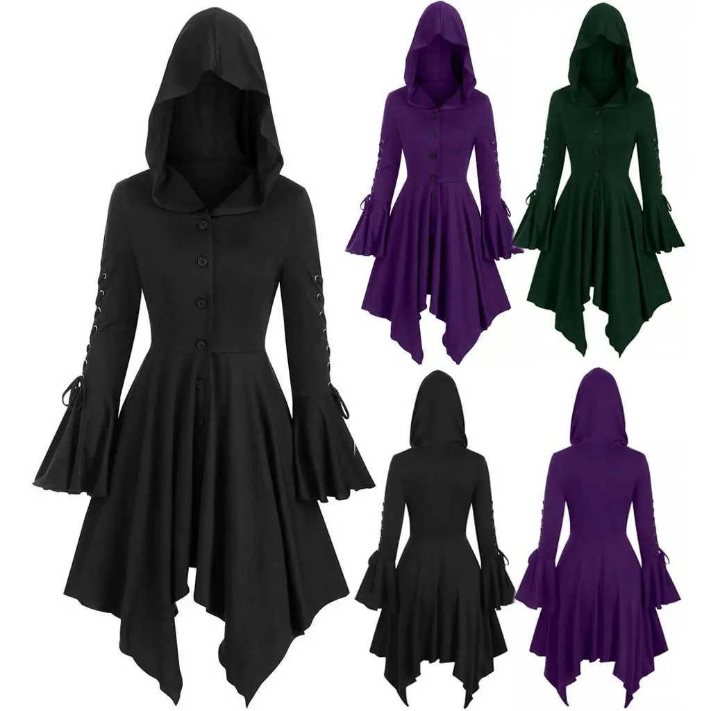 Women's Trench Coat Vintage Long Hooded Capes Long Sleeve Irregular Hem Halloween Cosplay Punk Costume Female Gothic Clothing