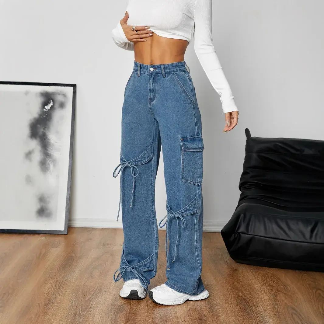 Jeans Women Denim Straight Wide Leg Pants 2025 Streetwear Button Pockets Mom Mid Waist Lace Up Bow Washed Distressed Trousers
