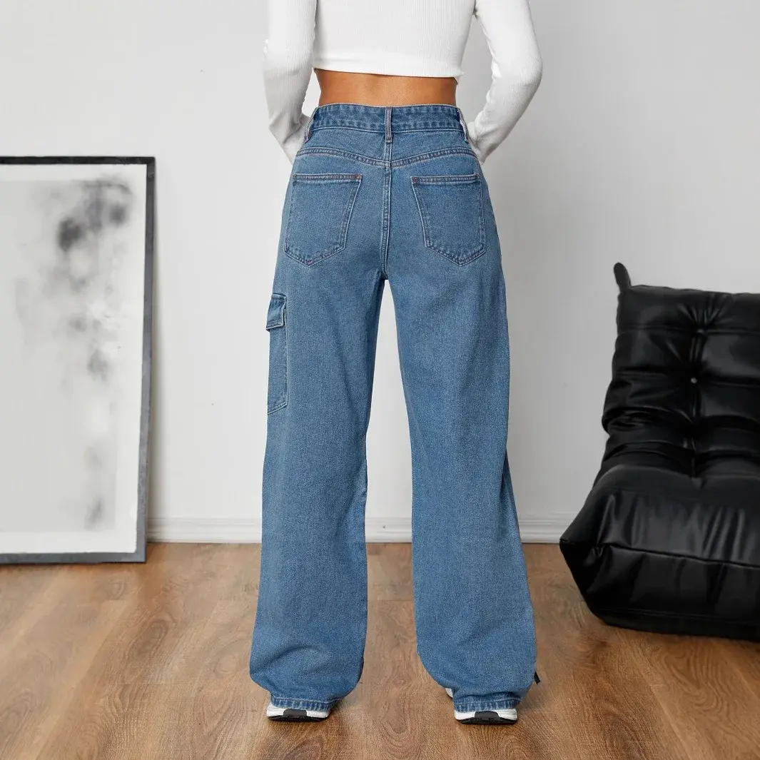 Jeans Women Denim Straight Wide Leg Pants 2025 Streetwear Button Pockets Mom Mid Waist Lace Up Bow Washed Distressed Trousers