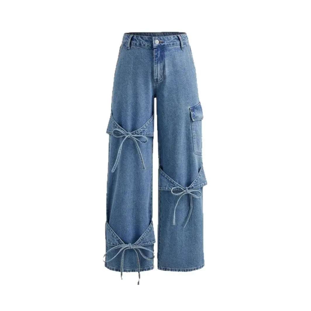 Jeans Women Denim Straight Wide Leg Pants 2025 Streetwear Button Pockets Mom Mid Waist Lace Up Bow Washed Distressed Trousers