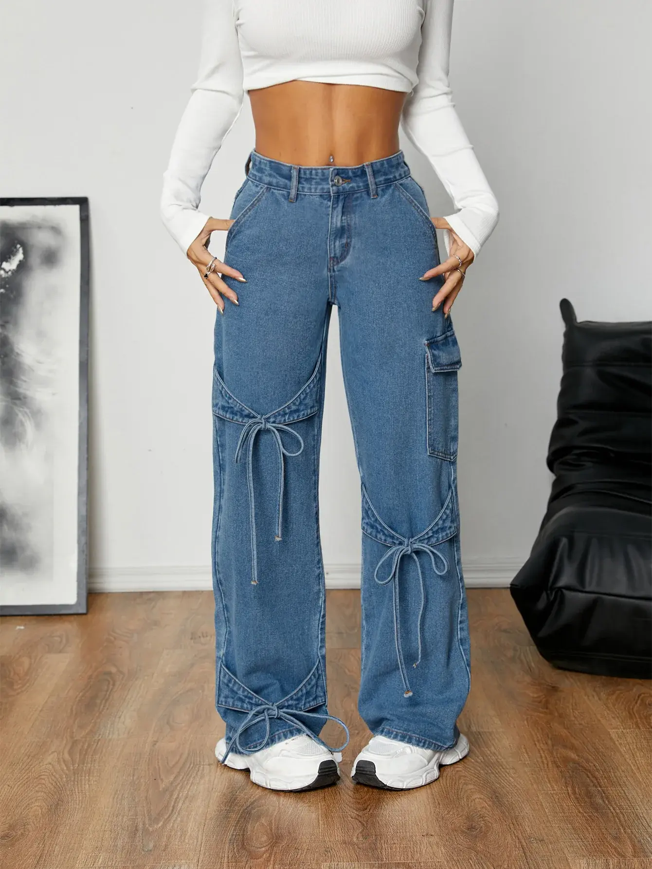 Jeans Women Denim Straight Wide Leg Pants 2025 Streetwear Button Pockets Mom Mid Waist Lace Up Bow Washed Distressed Trousers