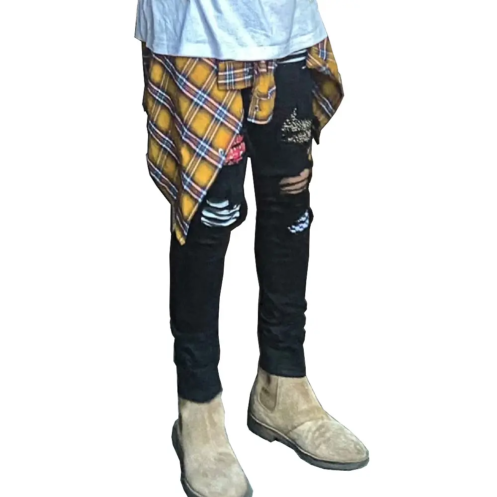 Men Jeans Denim Washing Distressed Pencil Pants Skinny Pockets High Street Spliced Zipper Fly Sheath Ankle Length 2024 Print