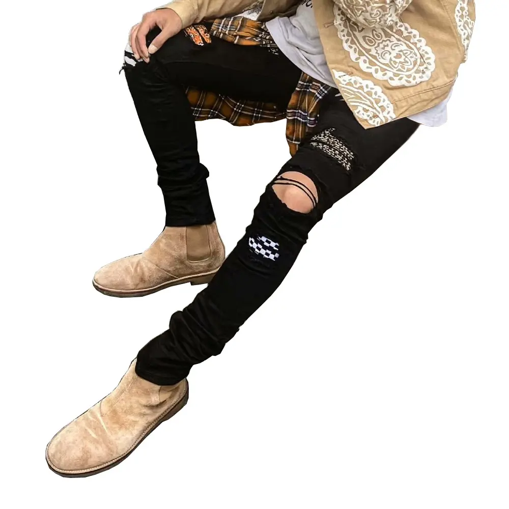Men Jeans Denim Washing Distressed Pencil Pants Skinny Pockets High Street Spliced Zipper Fly Sheath Ankle Length 2024 Print