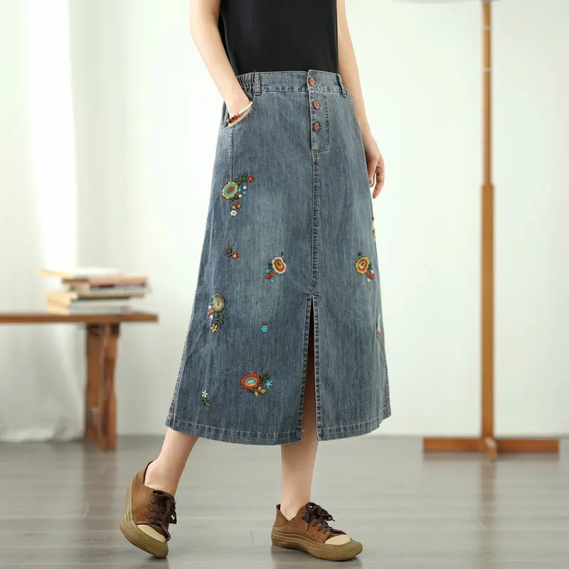 Denim Skirts Women Mid Length Skirt A Line Mom Jeans Streetwear Elegant Splice Y2k Work Casual High Waist Embroidery Floral 2025