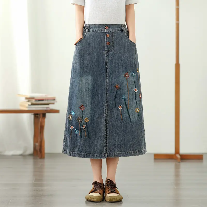 Denim Skirts Women Mid Length Skirt A Line Mom Jeans Streetwear Elegant Splice Y2k Work Casual High Waist Embroidery Floral 2025