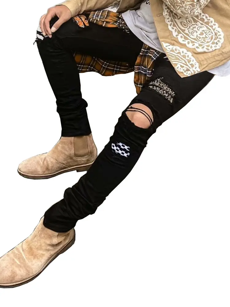 Men Jeans Denim Washing Distressed Pencil Pants Skinny Pockets High Street Spliced Zipper Fly Sheath Ankle Length 2024 Print